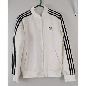 Adidas sz L UO Jacquard Floral Lace Bomber Jacket ivory lined zips women 0616